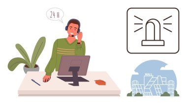 Agent sitting at desk with headset, desk plant, computer, emergency alert icon, shopping mall building. Ideal for customer service, 247 support, emergency response, communication retail assistance
