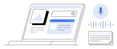 Laptop screen with web content, search bar, voice assistant icon, sound waves, and document. Ideal for technology, user interface, content creation, voice search innovation accessibility