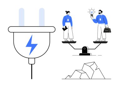Plug with energy symbol beside scales balancing professionals holding a light bulb and documents near broken rocks. Ideal for energy, innovation, sustainability, teamwork, decision-making, equality