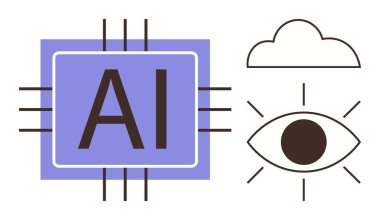 AI microchip, cloud, and stylized eye symbolizing artificial intelligence, data processing, vision, and connectivity. Ideal for technology, innovation, automation creativity future intelligence