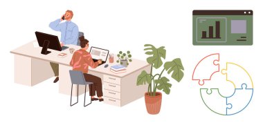 Two colleagues at a desk, one using a laptop, another on a call, surrounded by plants, graphs, and a colorful puzzle. Ideal for teamwork, analytics, problem-solving planning communication