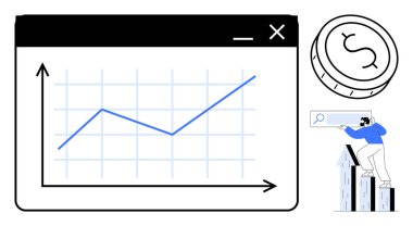Line graph in a browser window, large coin, and man on arrow-shaped bars holding search icon. Ideal for business growth, finance, investment, analytics, performance tracking, search strategy