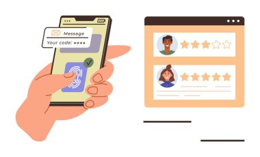 Hand scanning fingerprint on phone for login verification, screen showing user profiles with star ratings. Ideal for security, technology, online reviews, user experience, digital trust, mobile app