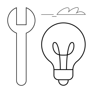 Wrench and light bulb in minimalist style symbolizing innovation, creativity, and technical solutions. Ideal for technology, repair, teamwork, engineering, learning strategy business. Simple flat