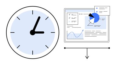 Clock beside analytics dashboard featuring graphs, pie chart, and reports. Ideal for time tracking, productivity, project planning, data management, business strategy, efficiency simple landing page