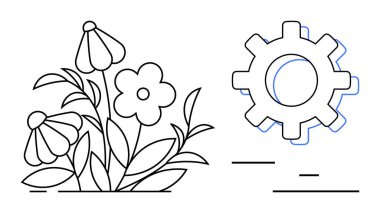Flowers with leaves next to a mechanical gear creating a fusion of nature and technology. Ideal for eco-innovation, sustainability, balance, progress, engineering, growth, simple landing page