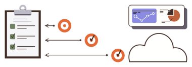 Checklist with tasks, goal completion progress, analytical chart with stats, connected to cloud storage. Ideal for productivity, planning, workflow, analytics, cloud integration goal tracking