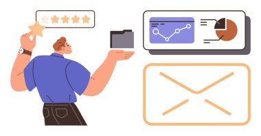 Person holding a folder, reviewing data charts, providing a 5-star rating, and managing email tasks. Ideal for business, data analysis, communication, feedback, productivity teamwork efficiency