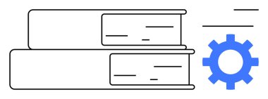 Stacked books paired with a blue gear encapsulate learning and innovation. Ideal for education, technology, research, knowledge management, productivity, process systems, simple flat metaphor