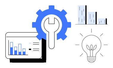 Graph report on tablet, blue gear with wrench, bar graph, and light bulb represent data analysis, problem-solving, and innovation. Ideal for productivity, technology, strategy development planning