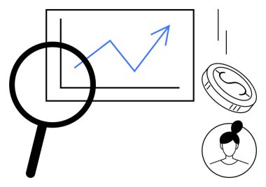 Magnifying glass highlights financial graph with rising arrow, coin, and user profile. Ideal for business, finance, analytics, growth strategy, investments, research user data simple flat metaphor