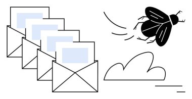 Series of opened envelopes with letters and an insect flying past, symbolizing messaging or fast delivery. Ideal for email, notification, efficiency, outreach, technology, communication, simple