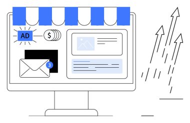 Computer screen with e-commerce storefront, ad placement, notification email, financial coins, and growth arrows. Ideal for marketing, online sales, advertising, business strategies