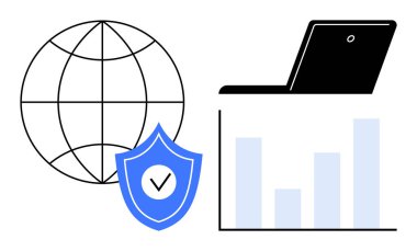 Globe with latitude-longitude lines, shield with checkmark, laptop, and bar chart. Ideal for cybersecurity, data protection, technology, global business, analytics online security tech audits