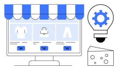 E-commerce storefront showcasing clothing, bags, and accessories under awning. Gear inside lightbulb sparks innovation, cheese adds uniqueness. Ideal for e-commerce, retail, online shopping