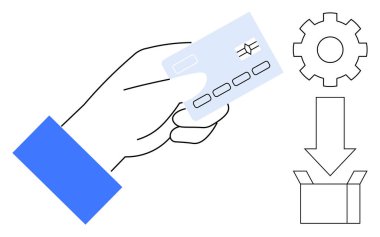 Hand holding credit card, gear representing settings, downward arrow pointing to box. Ideal for e-commerce, digital payment, delivery services, financial technology, automation, business systems