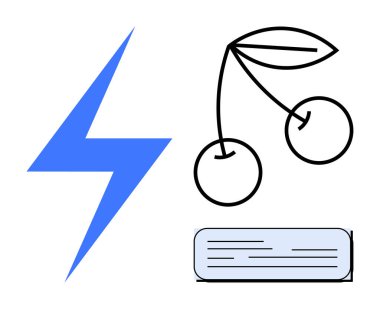 Blue lightning bolt, outline drawing of cherries with leaves, and book with lines suggest energy, nature, and learning. Ideal for sustainability, education, organic living, creativity power