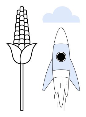 Corn stalk beside launching rocket with cloud accentuating agriculture, innovation, growth, sustainability, technology, food industry, and environmental progress. Ideal for simple flat metaphor