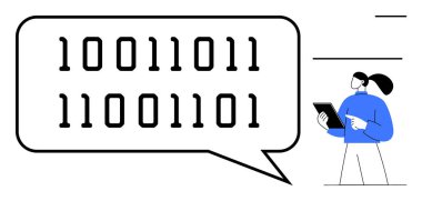Person with a tablet examining binary numbers in a speech bubble. Ideal for coding, programming, technology, communication, innovation, data analysis, simple landing page