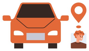 Bright orange car with GPS location pin and a smiling individual portrait. Ideal for transportation, navigation, car rental, ridesharing, travel, tracking, and delivery concepts. Minimalist flat