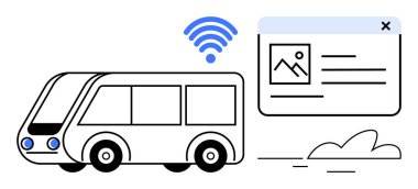 Futuristic bus connected to wireless transmitting information to a digital interface. Ideal for transportation, connectivity, innovation, technology, mobility, smart city, communication. Simple flat