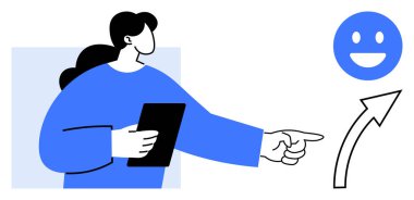 Female character holds tablet and gestures toward rising arrow ending at a smiling face. Ideal for growth, positivity, success, motivation, teamwork, progress, simple landing page