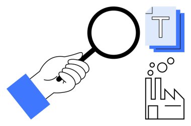 Hand holding magnifying glass inspecting text on papers and production-related elements. Ideal for research, quality control, auditing, analysis, thorough review, information search, simple landing