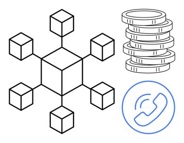 Blockchain network with connected cubes, stack of coins emphasizing digital economy, and communication icon. Ideal for finance, cryptocurrency, decentralization, technology, connectivity, innovation