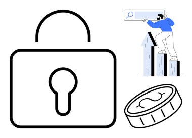 Lock symbol for security, coin for finance, user climbing bar graph enhancing search feature. Ideal for data protection, growth, cybersecurity, online commerce, user engagement, fintech safe search