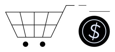 Shopping cart alongside a dollar coin emphasizing online shopping, e-commerce, retail transactions, payment systems, financial management, consumer finance, and digital economy. Ideal for retail