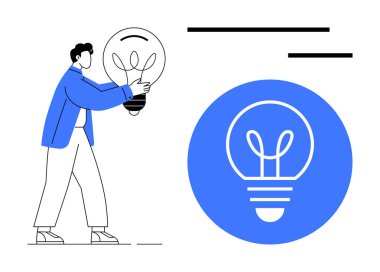Person lifting a large lightbulb symbolizing creativity, innovation, and ideas. Blue circle highlights lightbulb concept. Ideal for creativity, innovation, brainstorming, business strategy, learning