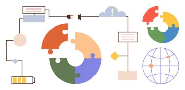 Abstract data flow connecting puzzle pieces, battery icon, cloud, globe, and flowchart shapes. Ideal for teamwork, innovation, technology energy process collaboration strategy. Simple flat