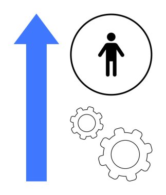 Blue arrow pointing upward, person inside circle, black gears below. Ideal for progress, teamwork, productivity, career growth, self-improvement, innovation simple landing page