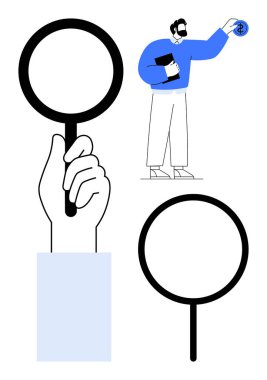 Hand gripping magnifier for research, man holding tablet examining dollar sign. Ideal for search, analysis, investigation, decision-making, finance, learning, simple flat metaphor