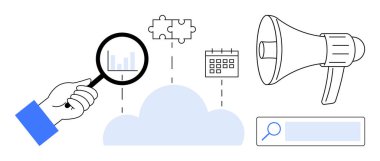 Hand holding magnifying glass over data, cloud at center, puzzle pieces, calendar, megaphone and search bar. Ideal for marketing, process analysis, collaboration, cloud service advertising project