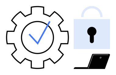 Gear with blue checkmark, padlock, and laptop highlighting secure configuration, software settings, and digital safety. Ideal for technology, cybersecurity, system design, privacy workflow