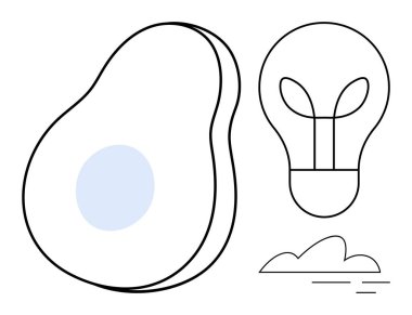 Abstract avocado, light bulb, and cloud arranged in minimalist style. Ideal for sustainability, creativity, innovation, health, eco-consciousness technology and simplicity themes. Simple flat