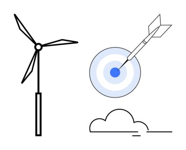 Wind turbine representing renewable energy beside a target struck by an arrow, symbolizing precision and achievement. Ideal for sustainability, energy efficiency, innovation, focus, success