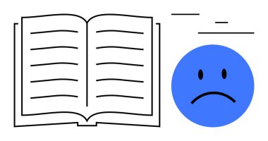 Open book with blue sad face expressing frustration or confusion, ideal for learning challenges, education issues, reading struggles, personal growth, understanding barriers, self-reflection, simple