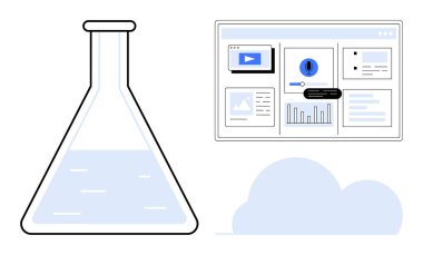 Laboratory flask with liquid next to a digital data dashboard showcasing charts, alerts, and media. Ideal for science, analytics, innovation, technology, experimentation, research simple flat