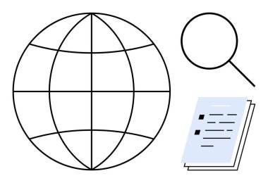 Globe symbolizing worldwide scope, magnifying glass for research, and document stack for information. Ideal for research, exploration, education, globalization, documentation, business innovation