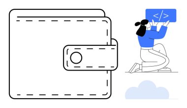 Wallet with stitching detail alongside a woman coding on a large screen. Ideal for fintech, coding, development, e-commerce, financial literacy, digital transactions, technology, simple landing page