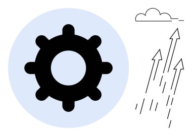 Gear inside a blue circle paired with upward arrows and a small cloud. Ideal for progress, innovation, growth, teamwork, improvement, strategy, business success, simple flat metaphor
