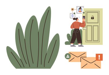Woman interacting with digital door lock using facial recognition. Notifications and envelopes represent digital security alerts. Ideal for technology, smart homes, data security, safety, innovation