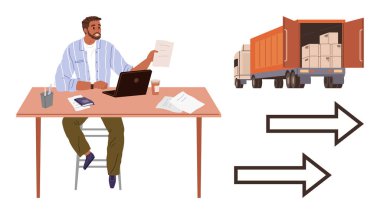 Logistics manager at desk with laptop and documents, analyzing freight delivery. Truck loaded with goods and arrows symbolizing shipment flow. Ideal for transport, supply chain, business planning