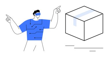 Man wearing VR headset and pointing to a 3D box, showcasing technological innovation, digital interaction, and futuristic concepts. Ideal for tech, innovation, design, education, gaming creativity