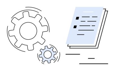 Gears signify workflow and productivity paired with organized documents. Ideal for automation, teamwork, optimization, productivity, planning, engineering concepts, simple landing page