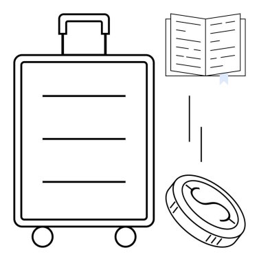 Rolling suitcase, open guidebook with bookmark, and coin represent travel essentials. Ideal for tourism, budgeting, trip planning, mobility, organization resourcefulness global exploration. Simple