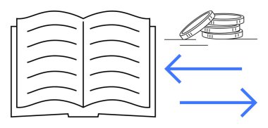Open book, stacked coins, two blue arrows pointing in opposite directions. Ideal for education, finance, exchange, learning, trade investment monetization. Simple flat metaphor