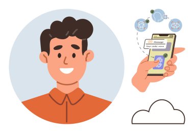 Happy man beside hand holding smartphone with authentication code entry, cloud connection icons, and tick confirmation. Ideal for cybersecurity, mobile access, data storage, technology, online
